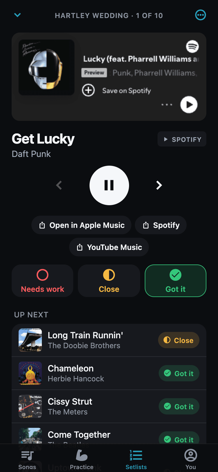 The setlist player: the current song, transport controls, streaming buttons, the three rating buttons, and up next