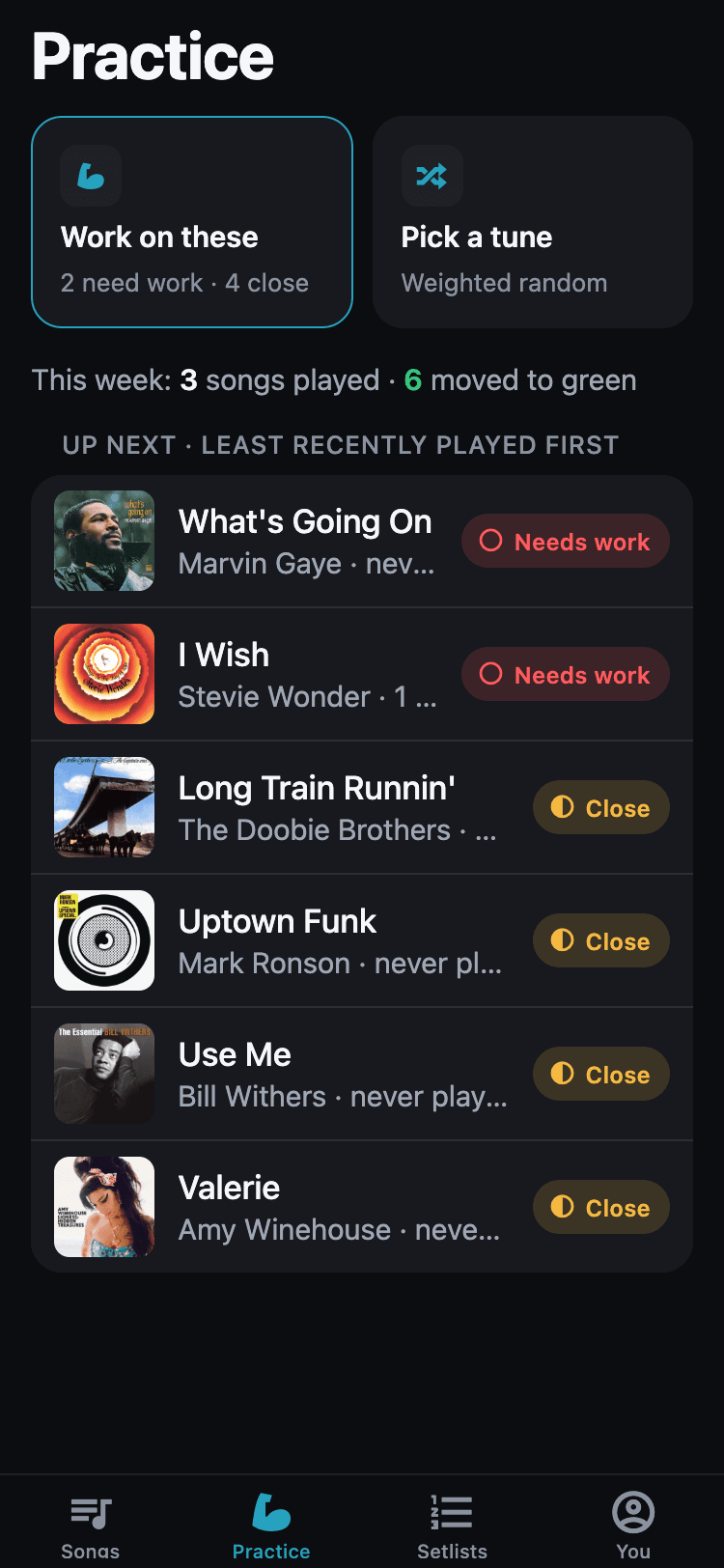 The Practice tab: Work on these, Pick a tune, and Still got it?
