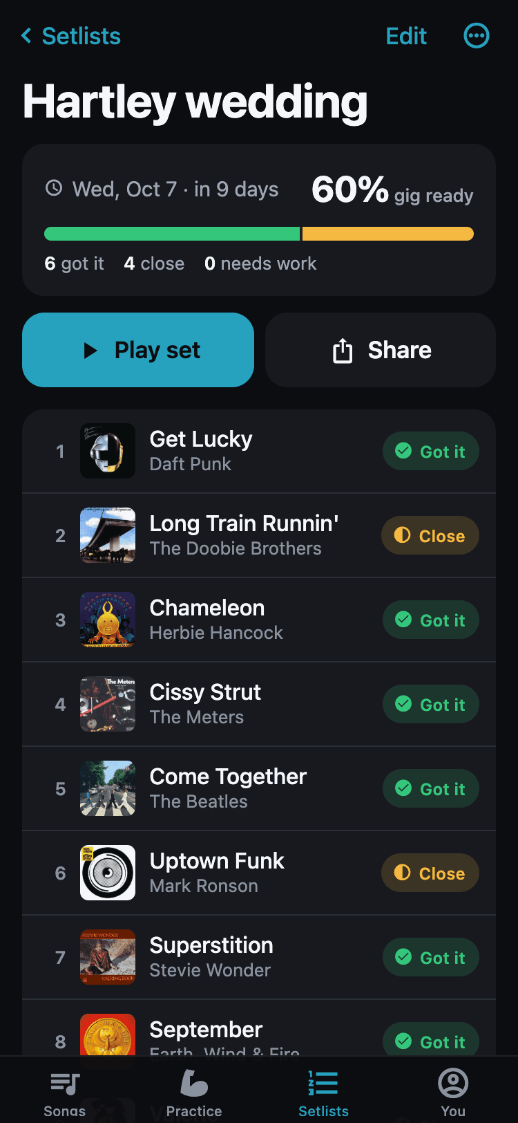 A setlist with its gig date and a readiness bar counting green, yellow, and red songs