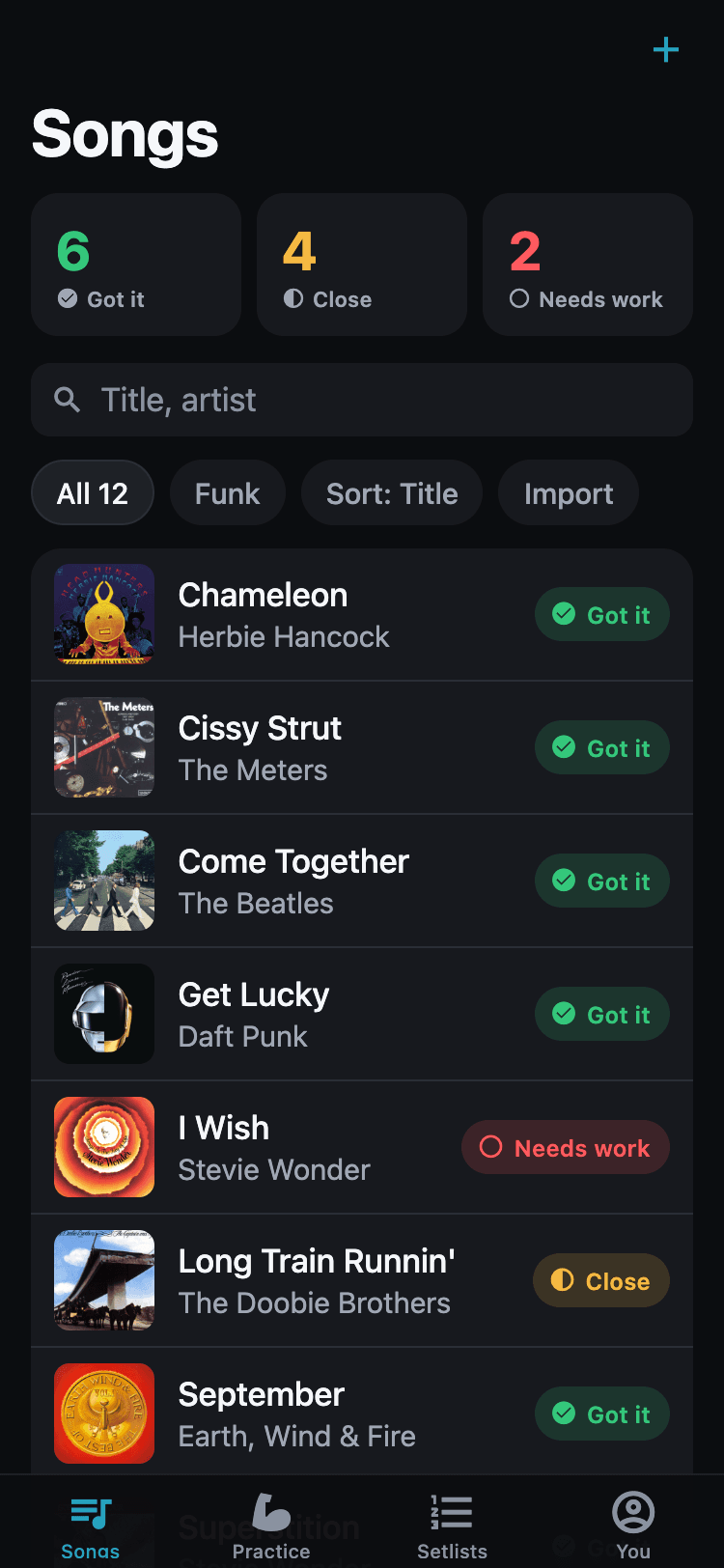 The Songs list in Know the Tune: album art, title, artist, and a rating pill on every row